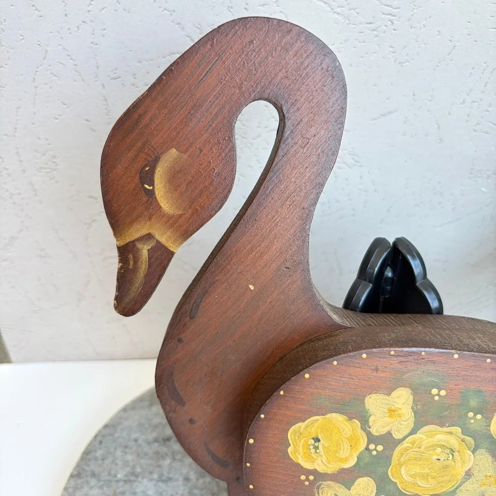 Vintage Hand Painted Wooden Swan Wall Decor Folk Art Yellow Floral 9 Inch